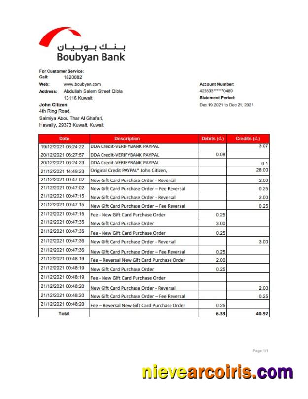 Kuwait Boubyan bank statement easy to fill in .xls and .pdf file format